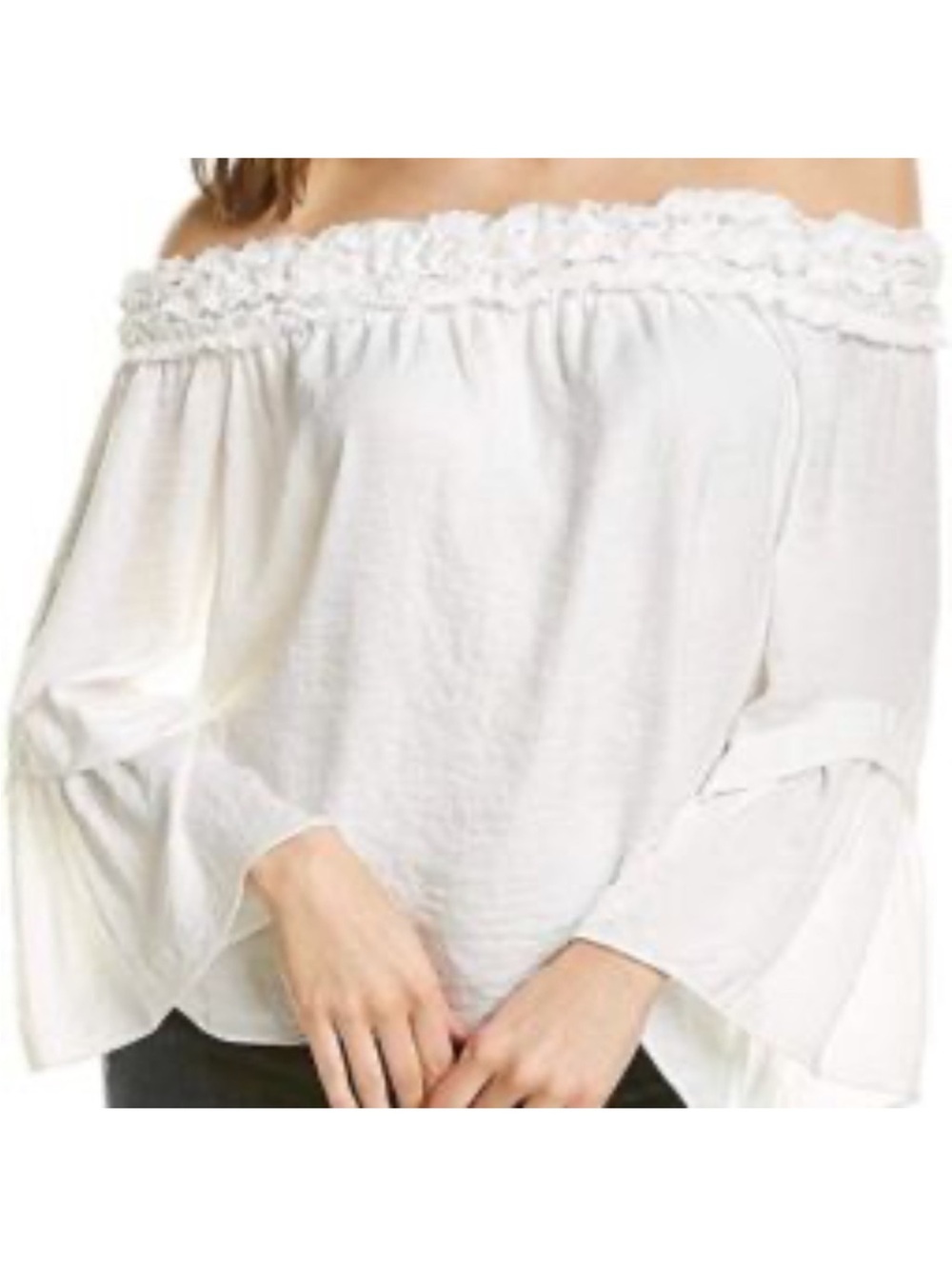 Vince Camuto White Ruched Ruffle Bell Sleeve Off the Shoulder Peasant Top